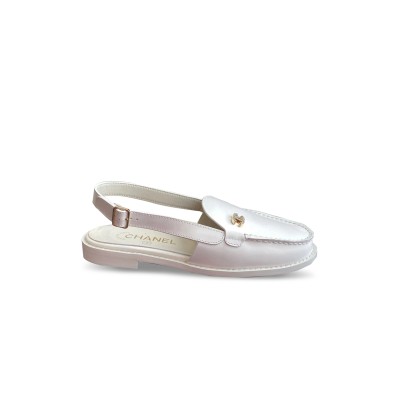 CHANEL 25P CRYSTAL CC LOGO LEATHER SLINGBACK FLAT LOAFERS SANDALS 285550